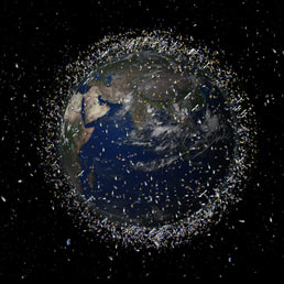Una rappresentazione di come la fascia di detriti spaziali circondi la Terra come una rete (non in scala)